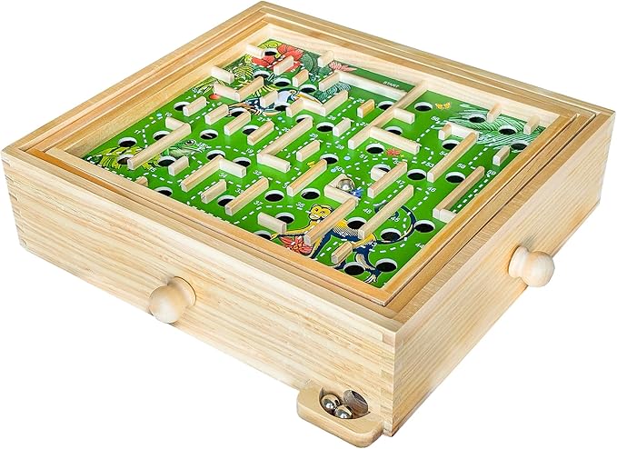 STERLING Games Wooden Labyrinth Jungle Nature Theme Tilt Maze Game with Marble Ball and 60 Waypoints for 6 Years Up, 13.5" x 13" Board
