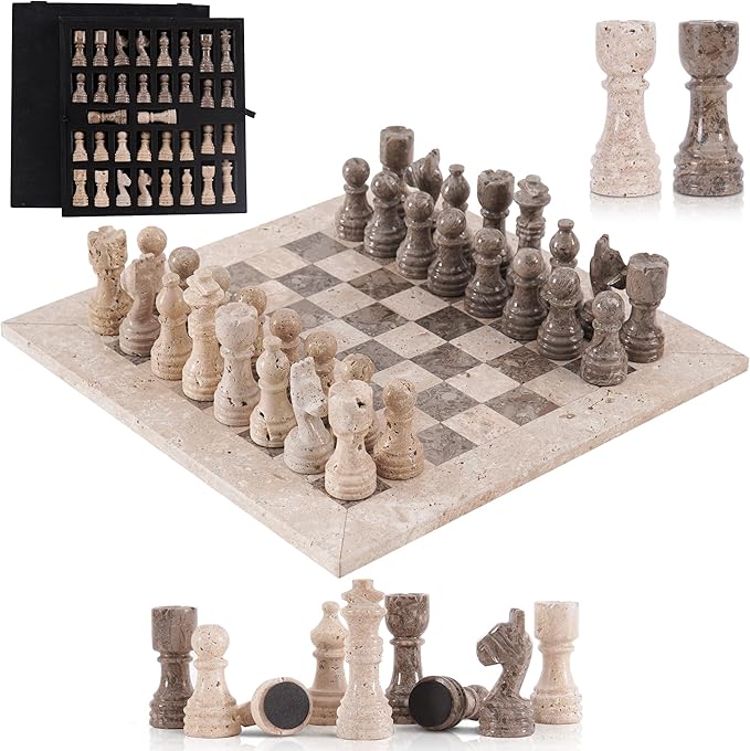 Marble Chess Set 12 Inch Handmade Travertine & Oceanic Board Game with Storage Box, Classic Travel Chess Set for Adults with Pieces & 2 Extra Queens, Elegant Gift & Home Décor