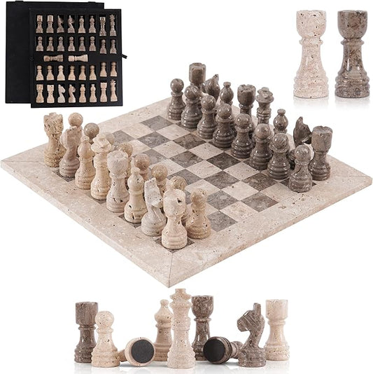 Marble Chess Set 12 Inch Handmade Travertine & Oceanic Board Game with Storage Box, Classic Travel Chess Set for Adults with Pieces & 2 Extra Queens, Elegant Gift & Home Décor