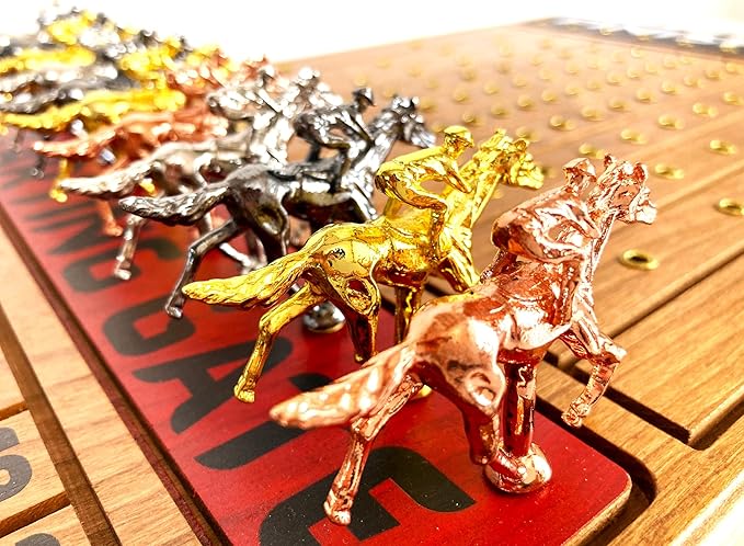 Horse Racing Game for Adults, Horse Race Board Game with 11 Luxurious Metal Horses (Gold, Silver, Black, Rose Gold), 22” Cherry Wood Horse Race Game Board, Dice & RoseGoldCard Included (Cherry)