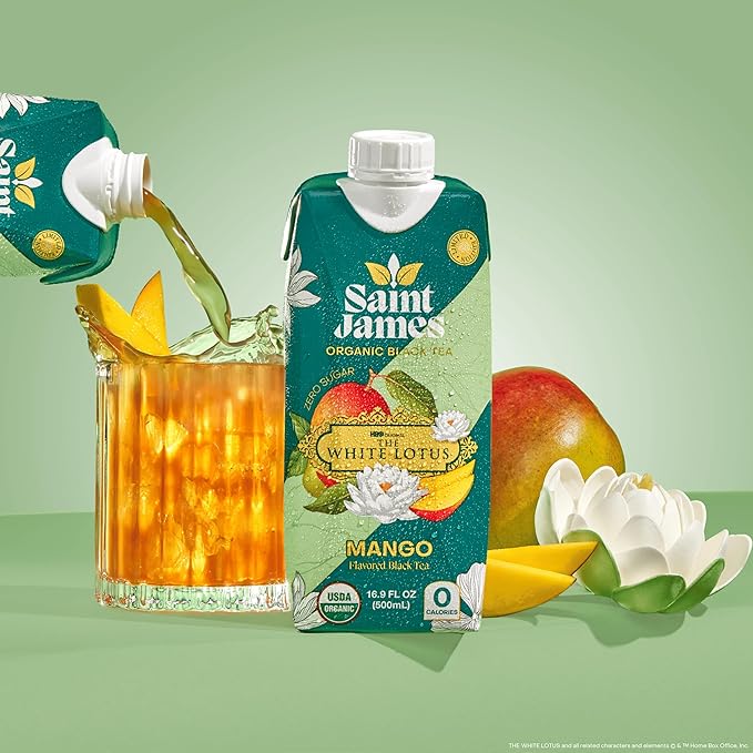 Saint James Iced Tea x The White Lotus Limited Edition - Organic Black Tea - Non-GMO, Gluten Free, Zero Calorie, Zero Sugar - Mango, 12 Pack (16.9 fl oz each)