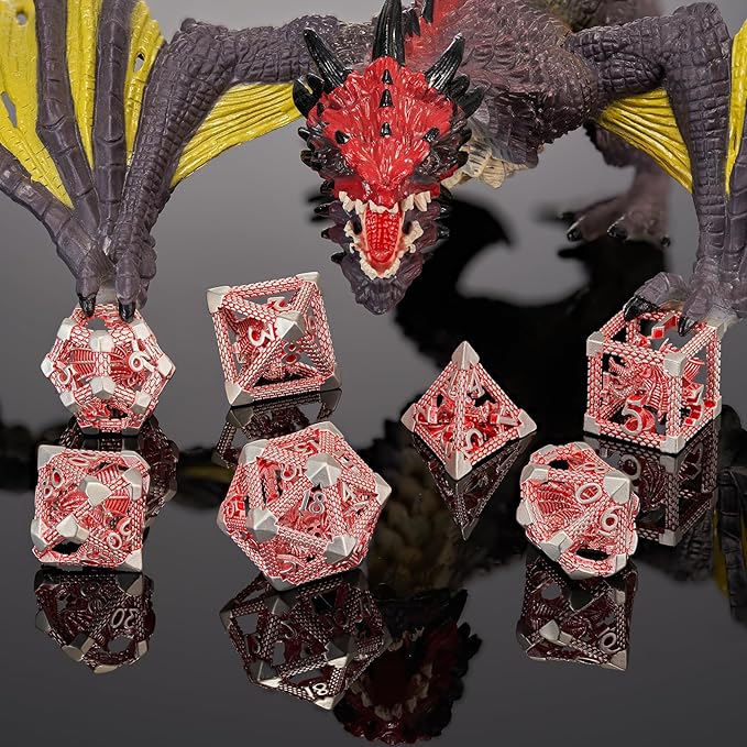 Dragon DND Dice, D&D Hollow Metal Polyhedral Dice Set for Dungeons and Dragons Dice RPG MTG Table Board Games (Red White Dragon)
