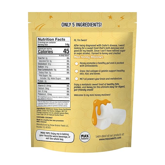 Max Mallow Very Vanilla Mini HONEY Marshmallows – Gut Friendly, Gluten Free, No Refined Sugars, Real Wildflower Honey, Collagen-Infused Snack (6 Pack, Very Vanilla)