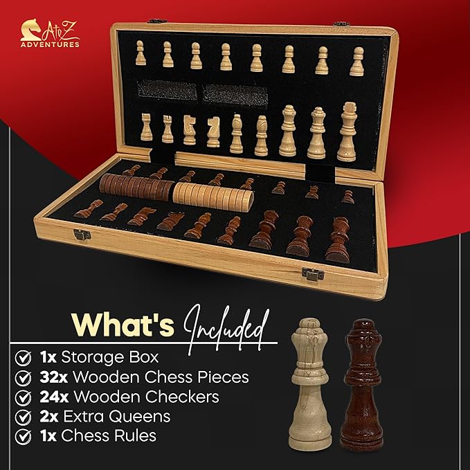 Magnetic Chess and Checkers Game Set - 15" (2 in 1) Folding Wooden Chess Sets for Adults & Kids with 2 Extra Queens | Travel Chess Board Game with Chess Pieces Storage Slots, Luxury Gift with Storage