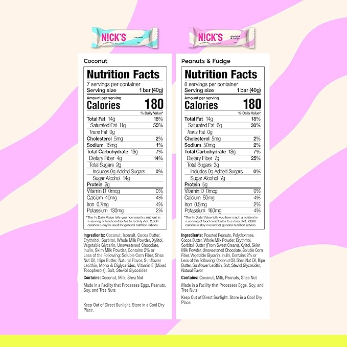 NICK'S Keto Chocolate Candy Bars – Coconut and Peanuts n' Fudge, Variety Pack, No Added Sugar, Low Carb, 180 Calories, Gluten-Free Sweets – 15-Pack (40g Each)
