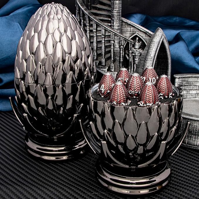 ARUOHHA DND Metal Dice Black Red Dragon Egg Dice with Rotating Dragon Egg Shell, Role Playing Game RPG Polyhedral D and D Dice Set D20 D12 D10 D8 D6 D4