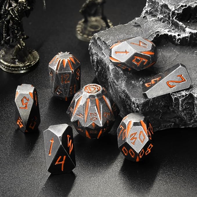 DND Metal Dice Set, ZHOORQI 7 Pcs Polyhedral Dice, Perfect for Dungeons and Dragons, RPG Role Playing Games - Unique Cool Dice with Stonehenge Themed Design for Game Gifts（Rusty Orange）