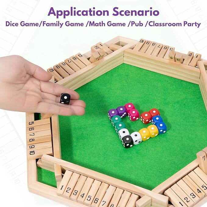 Shut The Box Dice Game - Classic Wooden Tabletop Game for 2-6 Players - Natural Wood Finish Family Board Game for Adults & Kids - Perfect for Parties, Bars, Classroom Math Learning