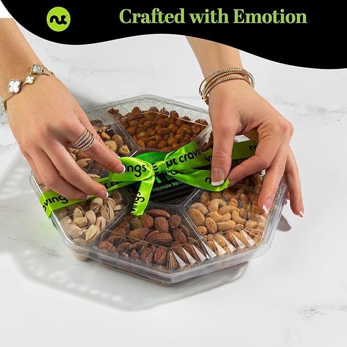 NUT CRAVINGS - Mixed Nuts Gift Basket + Green Ribbon (7 Assortments, 1 LB) Food Arrangement, Healthy Snack Care Package, Kosher