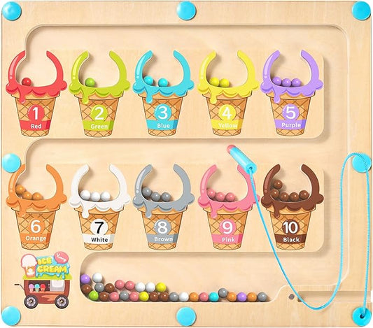 GAMENOTE Magnetic Color & Number Maze - Educational Wooden Color Matching Learning Counting Puzzle Board - Toddler Fine Motor Skills Toys for Boys and Girls 3, 4, 5 Years Old