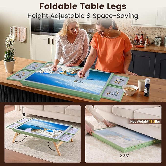 1500 Pieces Wooden Jigsaw Puzzle Board with Foldable Legs, 35"x26.8" Puzzle Table with 4 Drawers and Protective Cover, Large Wood Folding Jigsaw Puzzle Table for Adults and Teens, Mint Green