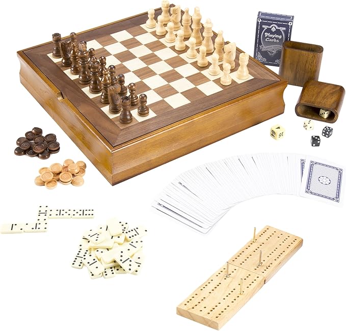 Hey! Play! 7-in-1 Classic Wooden Board Game Set – Old Fashioned Family Game Night Cards, Dice, Chess, Checkers, Backgammon, Dominoes and Cribbage (12-HY2691)