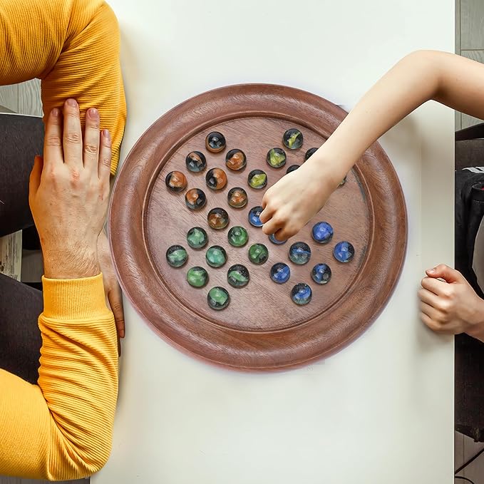 Ajuny Classic Solitaire - Handcrafted Wooden Board Game with 4-Color Marbles, Vintage Indian Design - Ideal for Family Fun & Home Decor