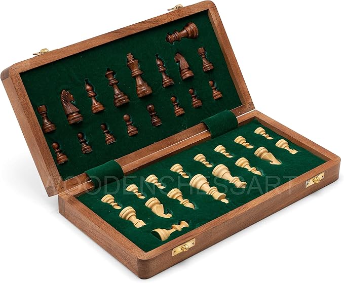 Handmade Magnetic Wooden Folding Chess Board with Storage for 32 Chessmen (7 X 7 Inches)