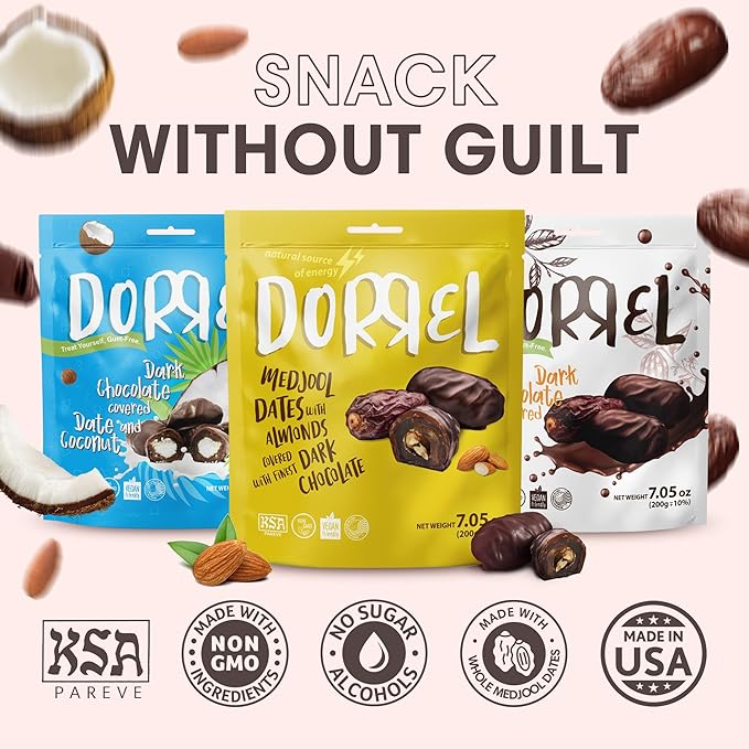 DORREL - Trio Bundle Pack: Belgian Dark Chocolate Covered Dates (Medjool) + Chocolate Dates with Salted Almonds & Coconut Stuffing, High Energy Choco Snack, Kosher & Non-GMO Pack of 3, 7.05 oz Ea