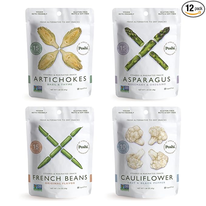 POSHI Marinated Vegetables Variety Pack | Asparagus, French Beans, Cauliflower, Artichoke | Keto, Vegan, Paleo, Non GMO, Gluten Free, Gourmet, Healthy, Fully Cooked (12 Pack)