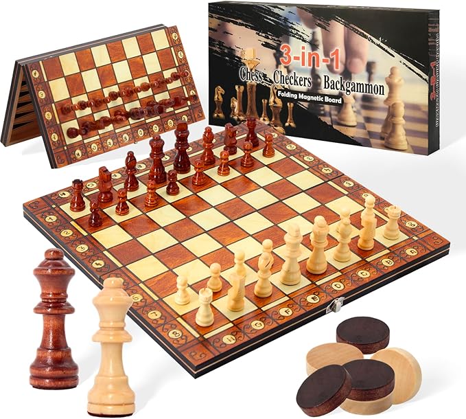 11.4" 3-in-1 Magnetic Chess, Checkers, and Backgammon Set - Extra Queens - Wooden portable and foldable Board game, Travel Game Set for Adults, Kids and Elder - Gift for parents and children