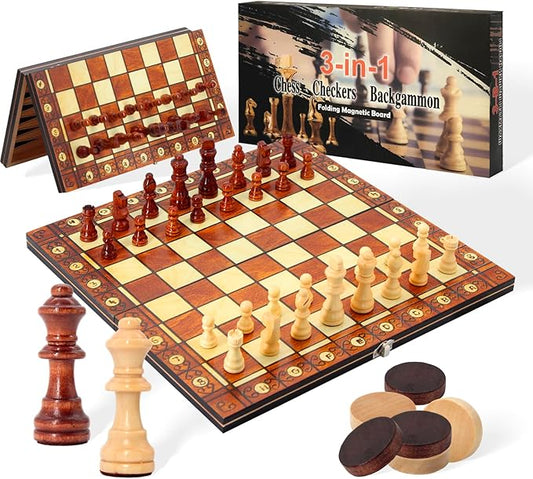 11.4" 3-in-1 Magnetic Chess, Checkers, and Backgammon Set - Extra Queens - Wooden portable and foldable Board game, Travel Game Set for Adults, Kids and Elder - Gift for parents and children