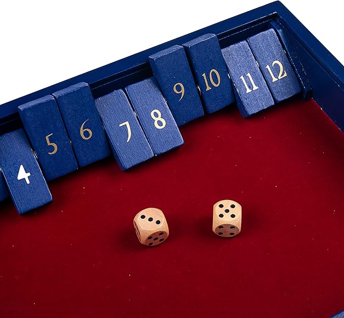 STERLING Games Wooden Shut The Box Game 12 Numbers with Home Decor Design Lid Cover and Felted Rolling Surface, Blue