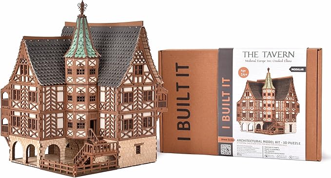The Tavern - Medieval House (Crooked Elbow) DIY Wooden House Building Kit -715PCS; 12hrs Assembly time; Age Group 18+ - Realistic