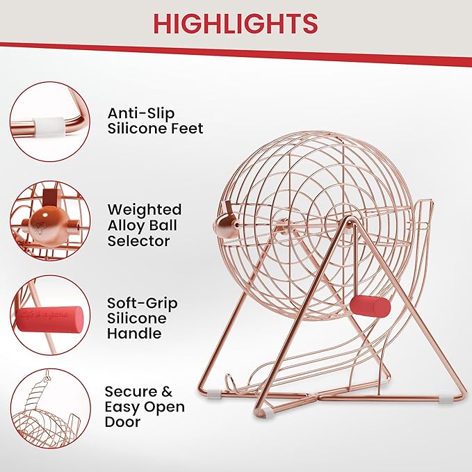 MR CHIPS 11" (Inch) Tall Professional Bingo Set with Steel Cage, Everlasting 7/8” Balls, 18 Cards and 300 Chips - Rose Gold Color