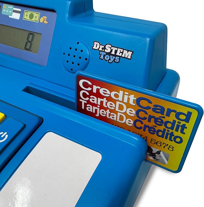 Dr. STEM Toys Solar Powered Calculator Pretend Cash Register with Play Money – 67-Piece Set for Learning Math Skills, STEM Cash Register for Kids, Blue