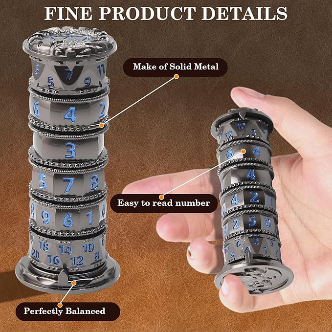 Pagoda Dice Spinner, 7 in 1 Metal Unique Roulette Dice for Sci-Fi, War, Crime Theme Tabletop Games