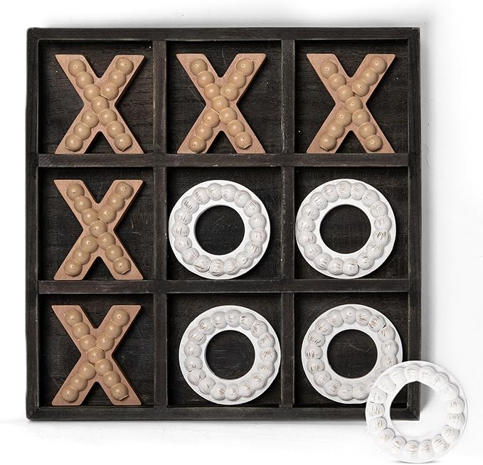 GENMOUS Wooden Tic Tac Toe Game Board for Seniors Family Indoor Game, 10.6 Inch Black Rustic Giant Tic Tac Toe Coffee Table Decor, Tic Tac Toe Board Game Fun for Family Travel Outdoor Game Room Decor