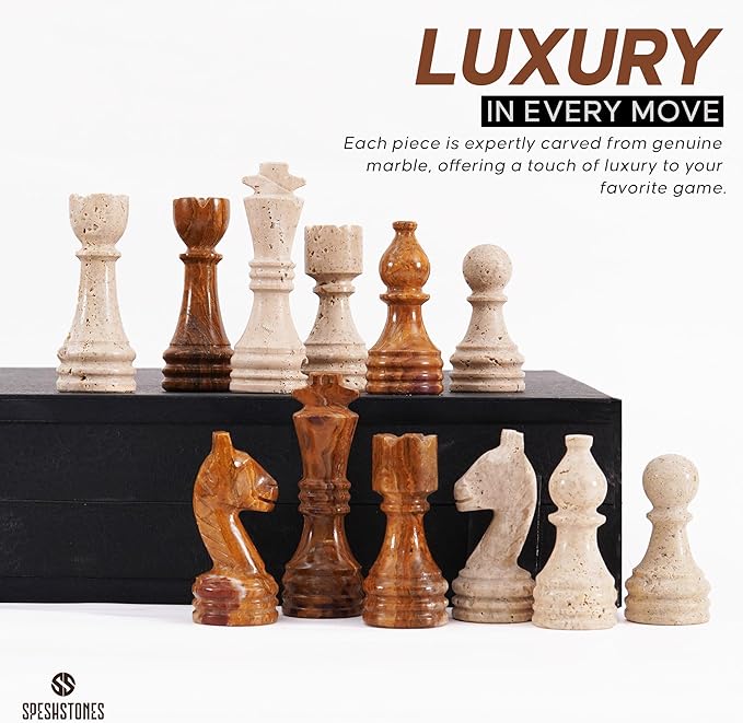 Marble Chess Set 15 Inch Travertine & Brown Checkers Board Game with Pieces, 2 Extra Queens and Storage Box, Strategy Set for Adults & Family, Travel, Tabletop Play