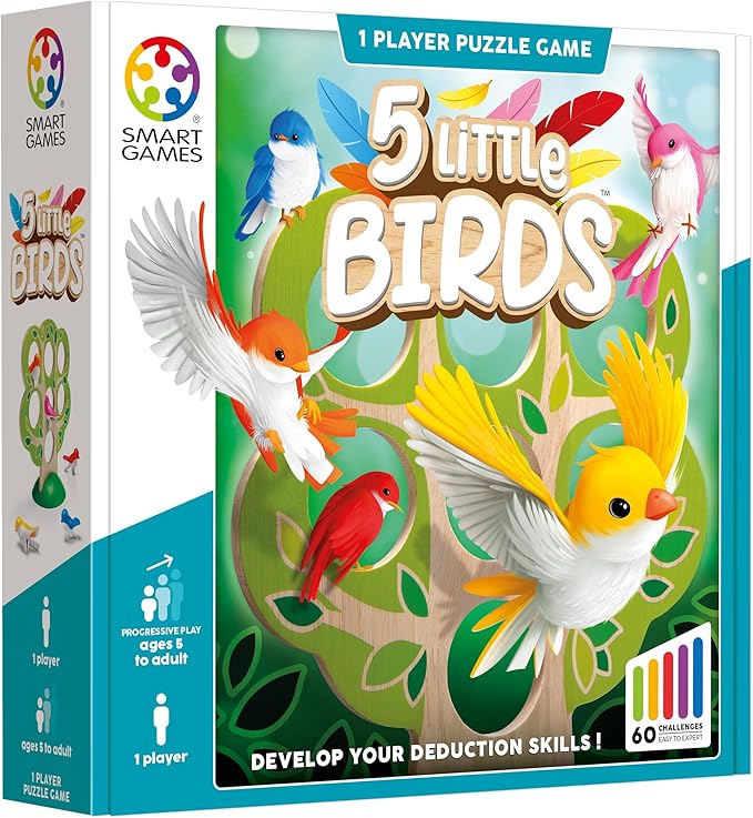 SmartGames 5 Little Birds Wooden Deduction Game for Ages 5 - Adult with 60 Challenges