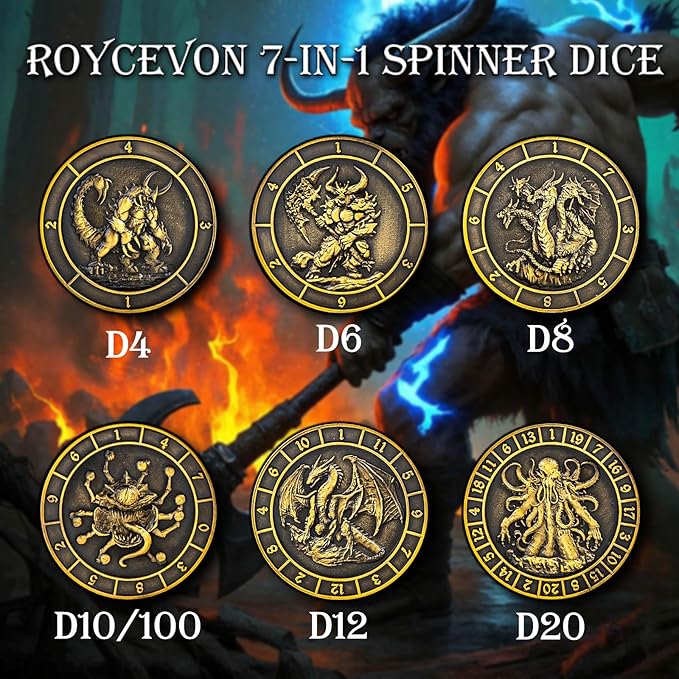 7 in 1 Spinner DND Dice Set D&D, Metal D and D Dice with Gift Box, Dungeons Dragons Role Playing Dice, Gold