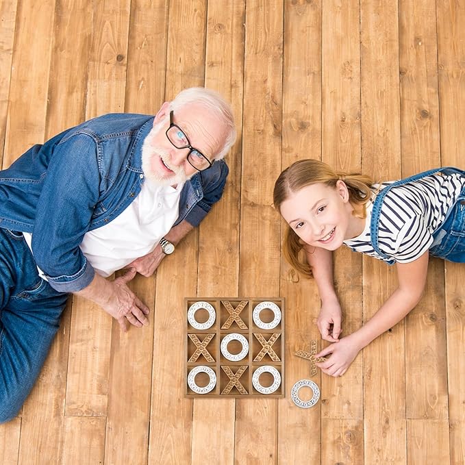 Tic Tac Toe Game 10.6 Inch Rustic Wood Board Game Coffee Table Games Tic Tac Toe Table Decor for Family Adults Travel Outdoor