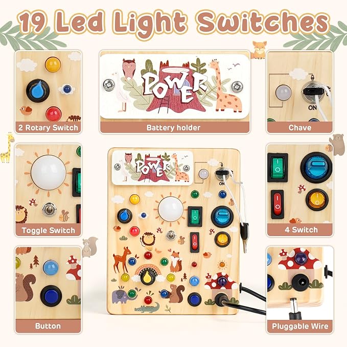 Joyreal Wooden Busy Board with LED Lights, Montessori Sensory Toys for Toddlers, Activity Fidget Board Travel Toys for Fine Motor Skills & Learning, Gifts for 1-3 Year Old Boys & Girls (Forest Theme)