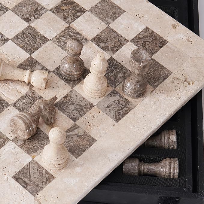 Marble Chess Set 15 Inch Travertine & Oceanic Checkers Board Game with Pieces, 2 Extra Queens and Storage Box, Strategy Set for Adults & Family, Travel, Tabletop Play