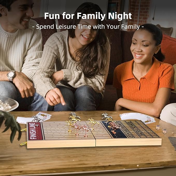 Horse Race Board Game Foldable Horse Racing Board Game with 11 Metal Horses with 4 Solid Wood Dice and 2 Boxes of Cards