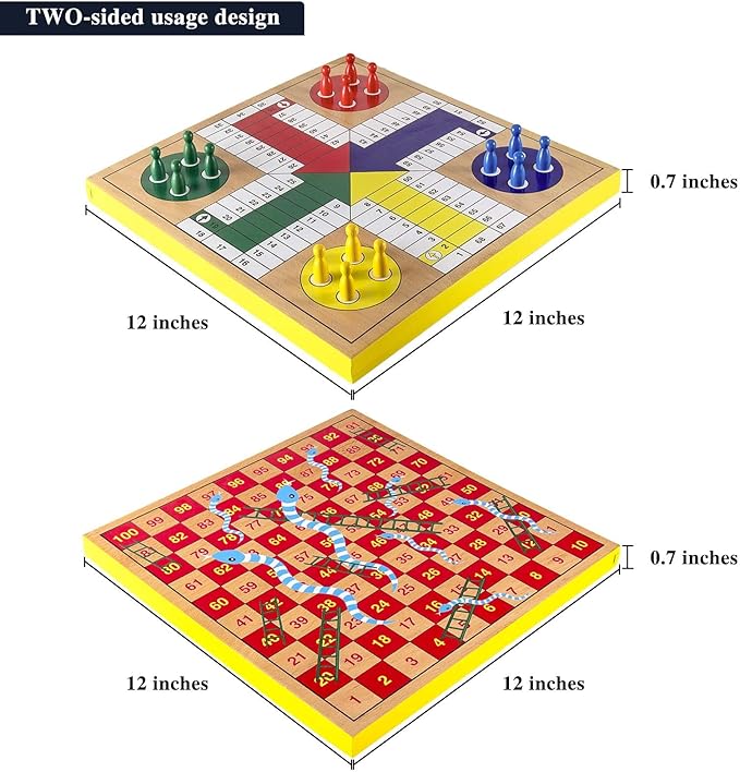 AMEROUS 12 inches Wooden Ludo Board Game - Snakes and Ladders, 2 in 1 Reversible, 1-4 Players Family Dice Games Set for Kids, Adults, Classics Tabletop Version (Gift Box Packed)