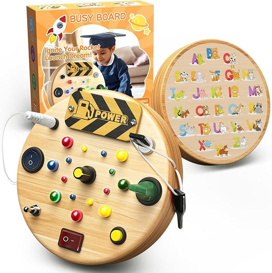 Busy Board, Montessori Toys for 1-3 Year Old - Wooden Sensory Toy with LED Light Switches, Travel Toddler Toys for 1+ Year Old Boys & Girls | Educational Gift for Kids