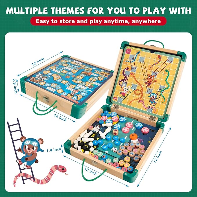 14-in-1 Wooden Fast Foldable Sling Puck Set for Kids and Adults, Multi-Game Combo with Snakes and Ladders, Bowling and More, Portable Travel Games Set, Interactive Families Toys