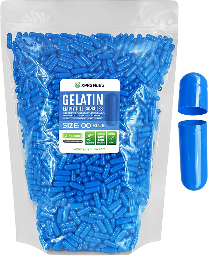 XPRS Nutra Size 00 Empty Capsules - 5000 Count Empty Gelatin Capsules - Pills DIY Capsule Filling - Fillable Pill Gel Caps for Do It Yourself Supplements (Blue)