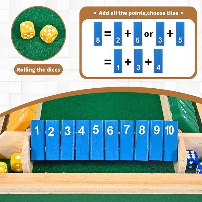 1-4 Players Shut The Box Dice Game, 10 Numbers Traditional Wooden Pub Bar Board Family Table Mat Game Dice for Kids and Adults