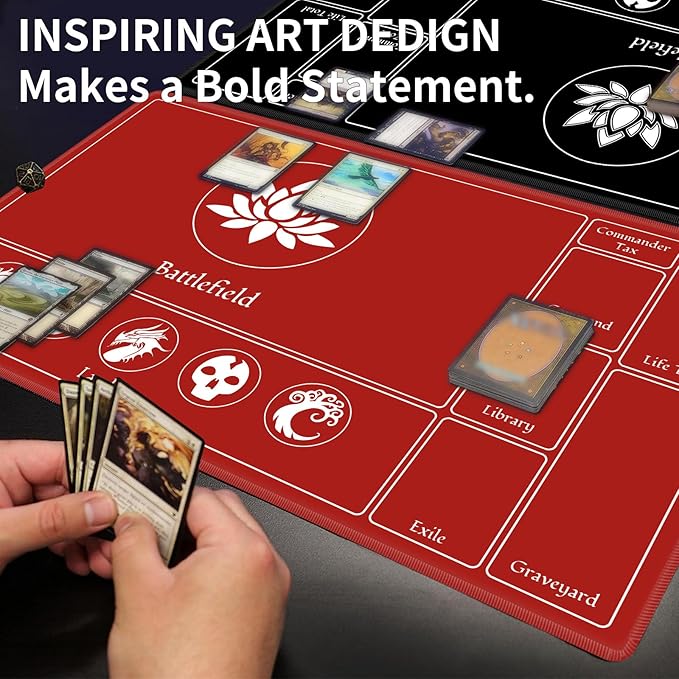 Card Playmat Stitched with Magic Zone for MTG Card Game Playing, Commander Board Game Desk Mat Duel Mat Card Battles Binder Deck 24x14inches for Beginner (Black, Red, 2 Pack)