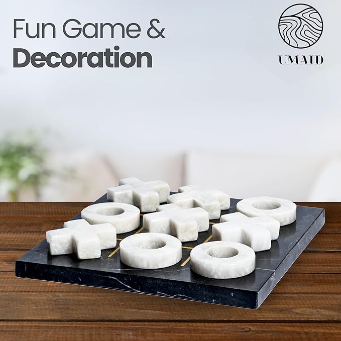 UMAID Marble Tic Tac Toe Game, Luxury Touch for Dad This Fathers Day, Handcrafted Marble Board with Velvet Gift Box, Solid Marble Unique Home Decor for Coffee Table, Desk, Office, Living Room