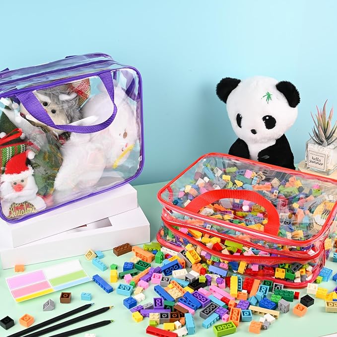 6 Packs Clear Toy Storage Bags with Zipper & Labels, Clear PVC Toy Organizer Bags Reusable with Pocket for Board Games, Building Blocks, Puzzles, Toys