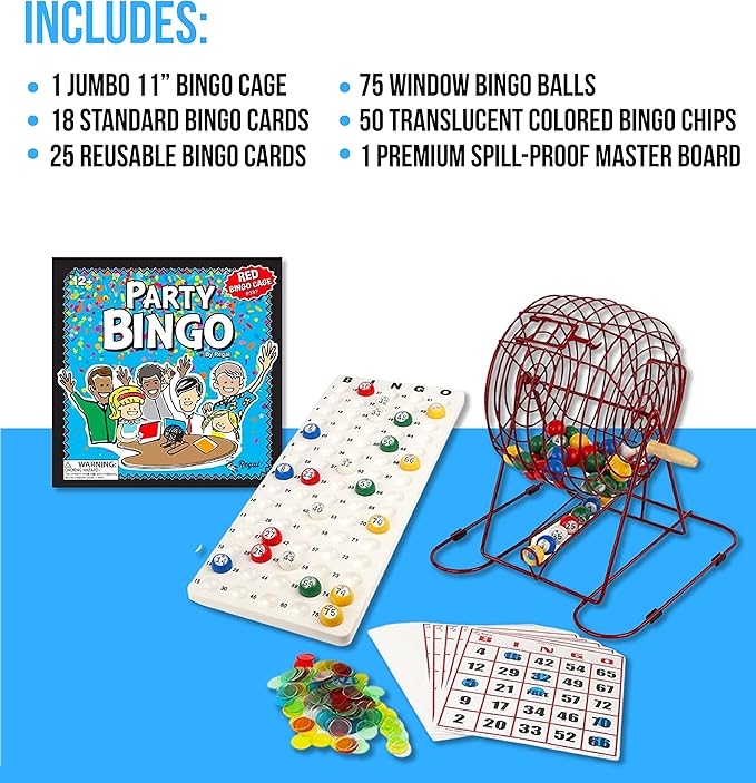Regal Bingo Professional Bingo Game Set with 11" Wheel Cage, 75 Bingo Balls, Master Board, 18 Bingo Cards & 25 Jumbo Reusable Cards, and Colorful Chips - Bingo Games for Adults Large Group - Red