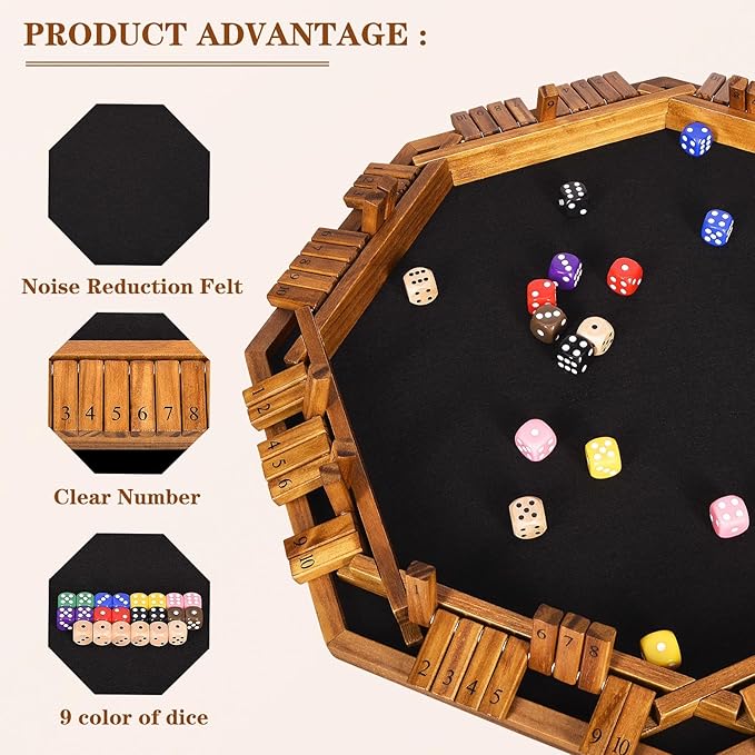 VAMSLOVE Upgraded 2-8 Players Shut The Box Dice Game-8-Way Wooden Board Table Math Game with 16+6 Dices - Close The Box Game for Kids, Adults Families Party Club (Instruction Included)
