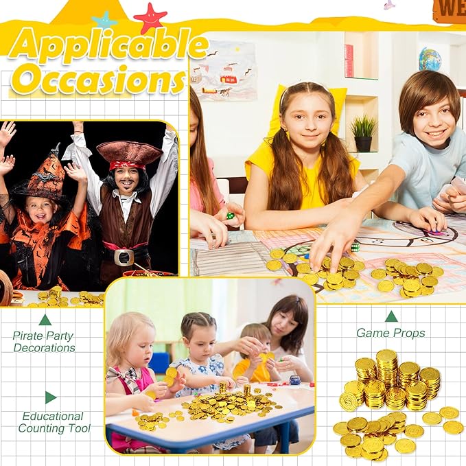 Hanaive 800 Pcs Plastic Pirate Coins Gold Treasure Spanish Doubloon Fake St. Patricks Toy Coin for Kids Board Games Pirate Party Cosplay Teachers Classroom Reward (Gold, Classic)