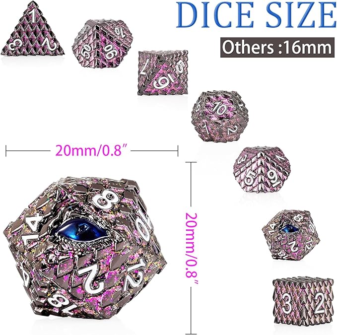 Metal Dice Set D&D,7 PCS Dragon Scale Metallic DND Dice Set,Dragon Eye Metal Dice with Grogeous Gift Case for Dungeons and Dragon Tabletop Game (Glitter Purple Dragon Scale & Blue Eye)