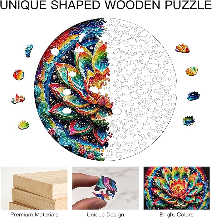 Wooden Puzzle for Adults – Unique Lotus-Shaped, Flower Design Brain Teaser for Kid & Teen, 210 Pieces, 10"x10", Ships as Whole Puzzle Board (No Loose Pieces), Gift-Ready Box, Fun Family Game,