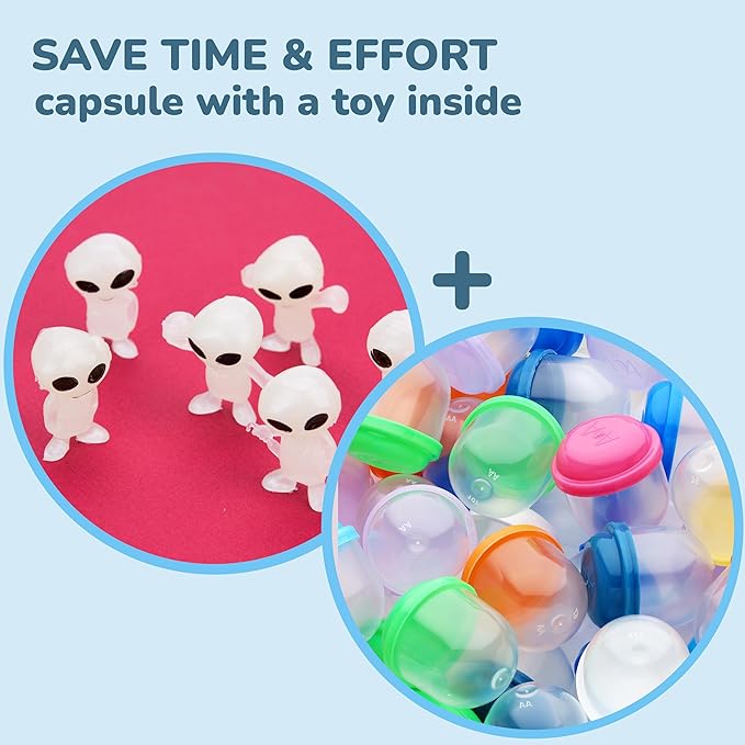 Alien Toys in Capsules - 250 Pcs of 1.1 Inch Plastic Capsules & 1 Inch Glow in The Dark Alien Figurines for Kids - Party Favors - Classroom Prizes - Toys Bulk for Vending Machine Refill