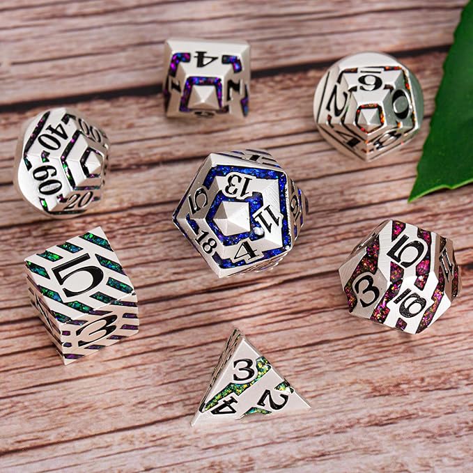 Metallic Stripes Dice with Gift Case, D&D Metal Polyhedral Dice Sets for Tabletop Games (Pearl Silver Seven Colors)